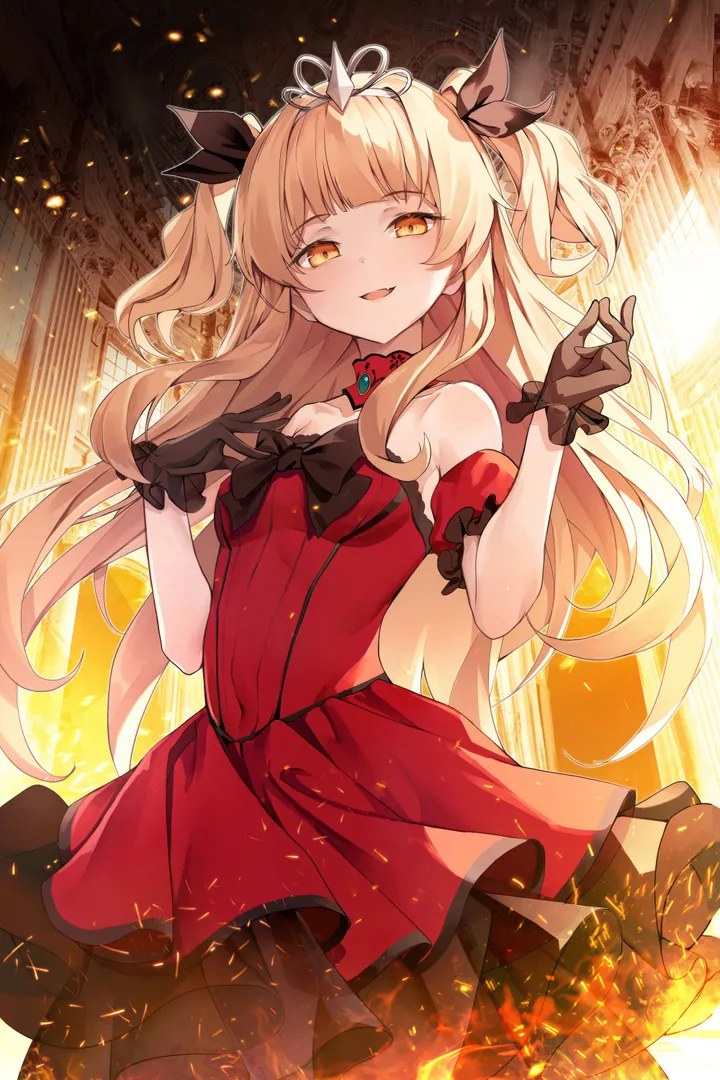 1girl,cowboy_shot,detached_sleeves,ribbon,breasts,bangs,solo,hands_up,hair_ribbon,two_side_up,open_mouth,very_long_hair,gloves,strapless,orange_eyes,tiara,blunt_bangs,looking_at_viewer,short_sleeves,vertical,smile,red_dress,frilled_dress,puffy_short_sleeves,puffy_sleeves,fang,bow,small_breasts,dress,blonde_hair,long_hair,bare_shoulders,yellow_eyes,black_ribbon,black_gloves,black_bow