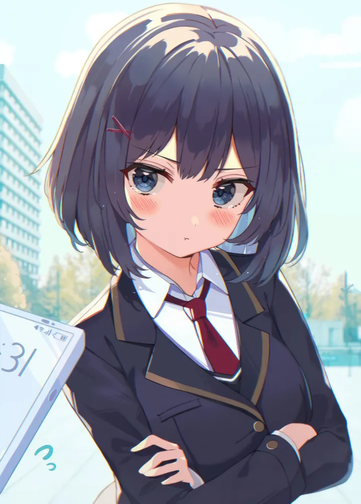 1girl,x_hair_ornament,breasts,crossed_arms,upper_body,bangs,solo,solo_focus,hairclip,closed_mouth,hair_ornament,jacket,building,outdoors,phone,holding_phone,holding,smartphone,collared_shirt,school_uniform,pout,day,white_shirt,looking_at_viewer,short_hair,cellphone,vertical,red_necktie,blush,blue_eyes,shirt,blazer,long_sleeves,necktie,black_hair,black_jacket