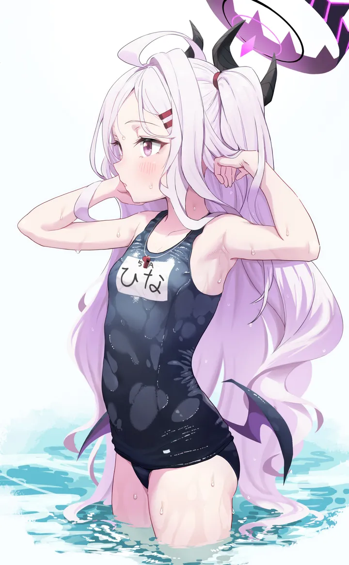 1girl,one-piece_swimsuit,arms_up,breasts,parted_bangs,bangs,solo,hairclip,whistle,one_side_up,ahoge,halo,hair_ornament,very_long_hair,demon_wings,simple_background,school_swimsuit,water,swimsuit,wading,white_hair,white_background,vertical,purple_eyes,wings,blush,armpits,low_wings,blue_one-piece_swimsuit,wet_swimsuit,wet_clothes,wet,horns,name_tag,small_breasts,collarbone,long_hair