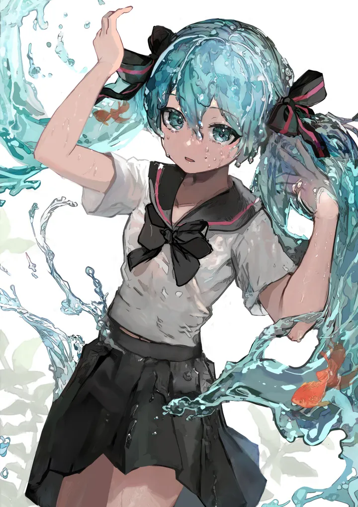 1girl,cowboy_shot,ribbon,arms_up,bangs,solo,hands_up,twintails,hair_ribbon,hair_between_eyes,very_long_hair,parted_lips,simple_background,school_uniform,water,serafuku,sailor_collar,aqua_hair,aqua_eyes,liquid_hair,white_background,white_shirt,pleated_skirt,looking_at_viewer,short_sleeves,skirt,vertical,blue_hair,bow,hair_bow,shirt,wet_clothes,wet,goldfish,long_hair,fish,black_sailor_collar,black_skirt,black_bow,black_bowtie