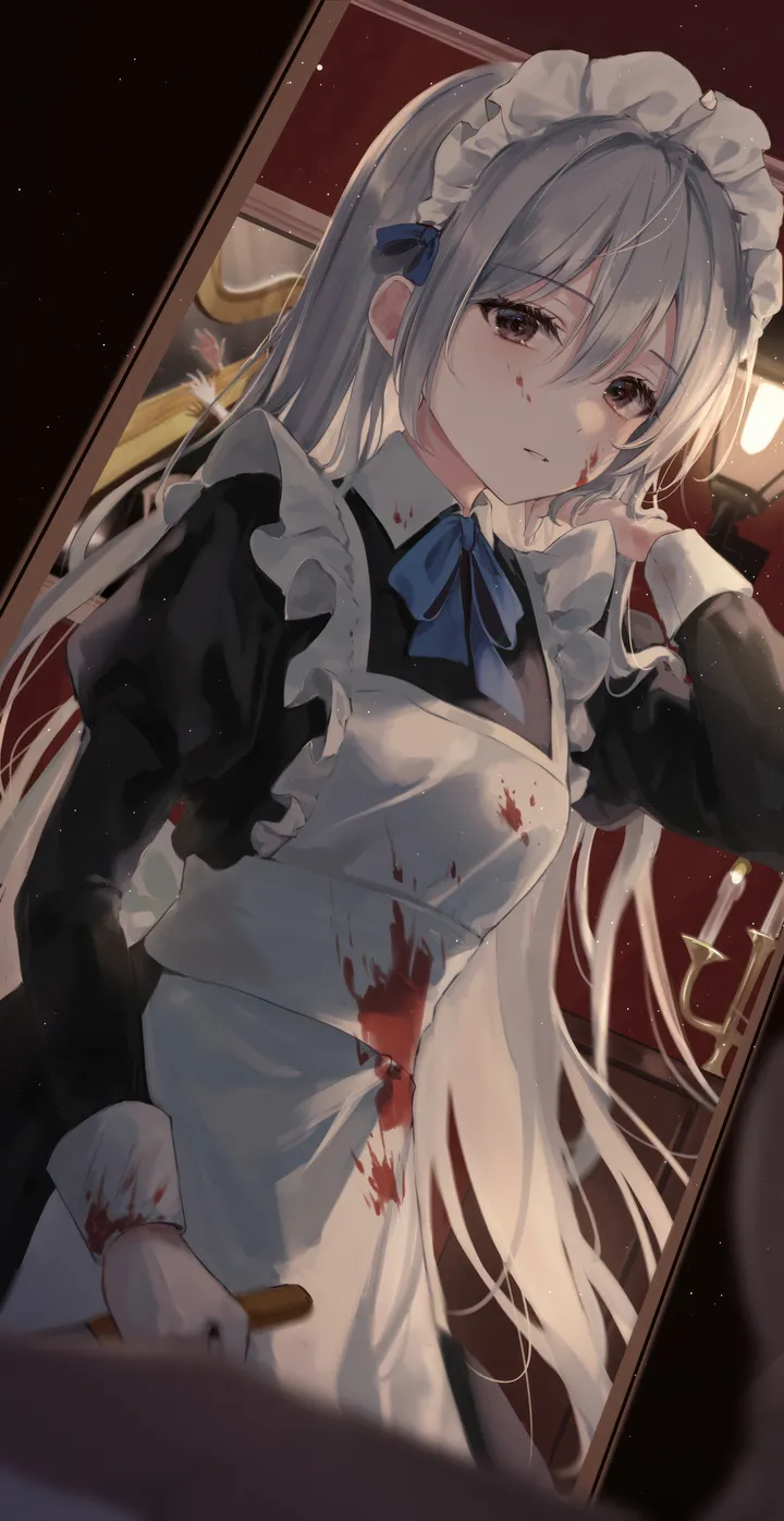 1girl,ribbon,bangs,blurry_foreground,solo,closed_mouth,apron,maid,maid_apron,maid_headdress,indoors,hair_between_eyes,very_long_hair,blood_on_hands,hand_up,holding,juliet_sleeves,blurry,blood_on_weapon,grey_hair,grey_eyes,white_apron,looking_at_viewer,vertical,blood_on_face,frills,frilled_apron,blue_ribbon,blue_bow,puffy_sleeves,bow,blood,blood_on_clothes,dress,long_hair,long_sleeves,black_dress