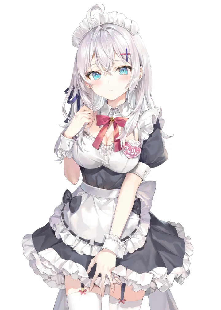 1girl,x_hair_ornament,cowboy_shot,ribbon,medium_breasts,breasts,cleavage,bangs,solo,hairclip,garter_straps,ahoge,closed_mouth,apron,hair_ornament,maid,maid_apron,maid_headdress,waist_apron,hair_between_eyes,hand_up,simple_background,white_apron,white_hair,white_background,white_thighhighs,looking_at_viewer,short_sleeves,vertical,standing,wrist_cuffs,red_bow,zettai_ryouiki,blush,frills,frilled_apron,frilled_dress,blue_eyes,puffy_short_sleeves,puffy_sleeves,bow,name_tag,thighhighs,dress,long_hair,bowtie,detached_collar,black_dress