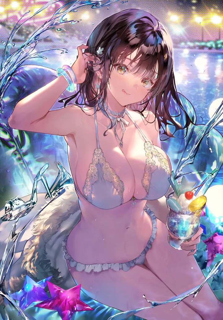 1girl,arm_up,breasts,cleavage,ice,bangs,solo,tongue_out,sitting,thighs,hair_ornament,stomach,holding_cup,bracelet,holding,cup,brown_hair,brown_eyes,bikini,water,fruit,soaking_feet,pool,swimsuit,jewelry,white_bikini,looking_at_viewer,vertical,smile,halterneck,earrings,navel,blush,armpits,tongue,frills,frilled_bikini,wet,large_breasts,drinking_glass,collarbone,long_hair,bare_shoulders,choker,food,yellow_eyes,black_hair