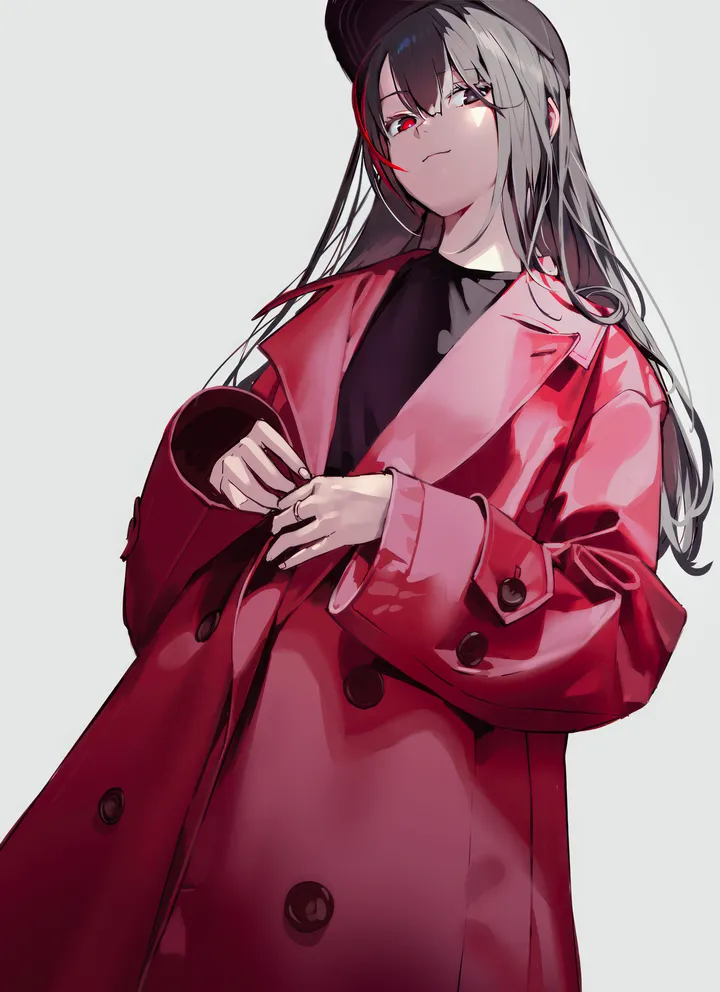 1girl,bangs,solo,closed_mouth,coat,multicolored_hair,hat,heterochromia,streaked_hair,simple_background,baseball_cap,grey_hair,white_background,looking_at_viewer,vertical,red_coat,red_hair,red_eyes,shirt,long_hair,long_sleeves,black_hair,black_headwear,black_shirt