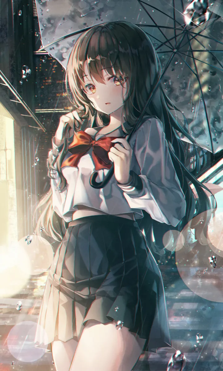 1girl,cowboy_shot,breasts,bangs,solo,very_long_hair,parted_lips,outdoors,holding,holding_hair,holding_umbrella,school_uniform,brown_eyes,serafuku,sailor_collar,white_shirt,pleated_skirt,looking_at_viewer,skirt,vertical,standing,red_bow,red_bowtie,blush,bow,shirt,miniskirt,transparent,transparent_umbrella,long_hair,long_sleeves,rain,umbrella,bowtie,black_hair,black_skirt