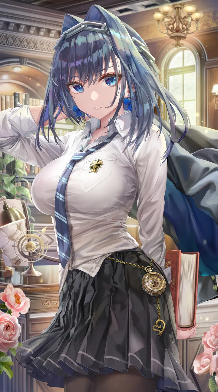 1girl,virtual_youtuber,cowboy_shot,arm_up,book,breasts,bangs,solo,arm_behind_head,chandelier,jacket,indoors,parted_lips,pocket_watch,holding,holding_book,clock,collared_shirt,striped,school_uniform,brown_pantyhose,plant,jewelry,white_shirt,pleated_skirt,looking_at_viewer,short_hair,skirt,alternate_costume,window,vertical,standing,smile,pink_rose,pink_flower,earrings,jacket_removed,watch,blue_hair,blue_eyes,blue_bow,blue_necktie,bow,bow_earrings,shirt,shirt_tucked_in,large_breasts,hair_intakes,pantyhose,miniskirt,chain,long_sleeves,necktie,flower,black_jacket,black_skirt,black_pantyhose