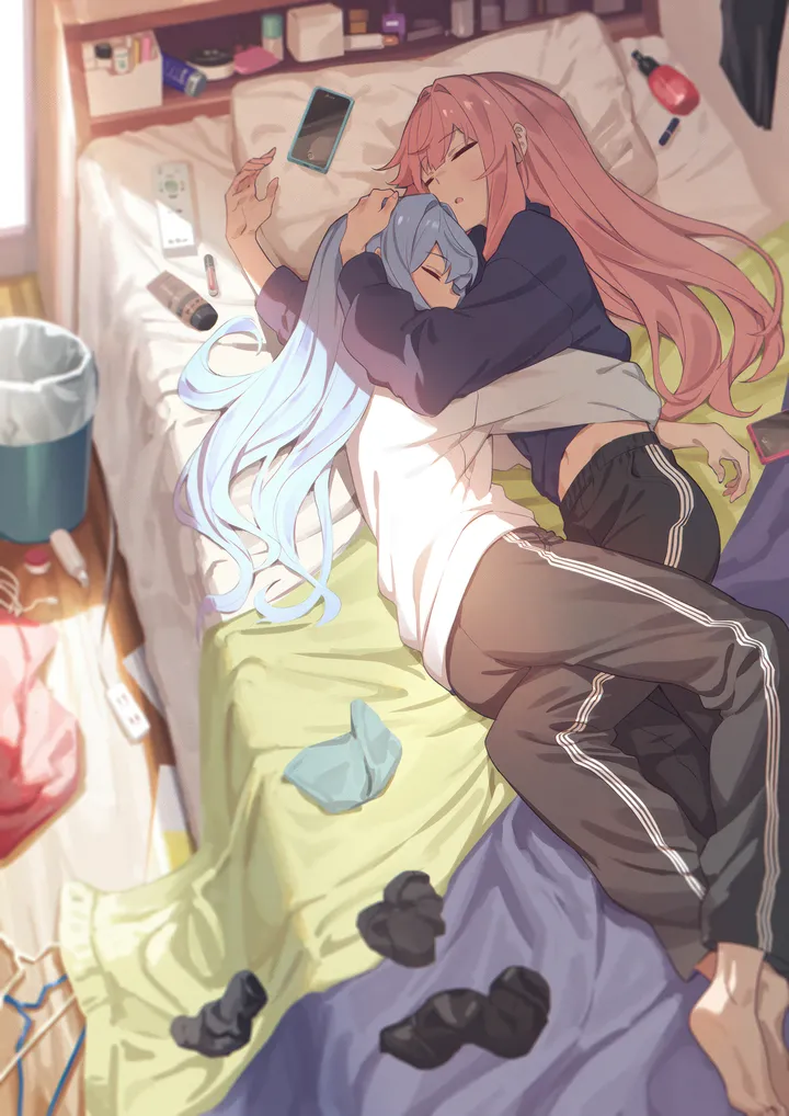 2girls,sweatpants,on_side,bangs,bedroom,closed_eyes,on_bed,multiple_girls,siblings,sisters,indoors,bed,open_mouth,phone,hug,cuddling,smartphone,pillow,light_blue_hair,bottle,white_shirt,yuri,sleeping,cellphone,vertical,pink_hair,blue_hair,shirt,socks,pants,barefoot,lying,hoodie,long_hair,long_sleeves,black_pants