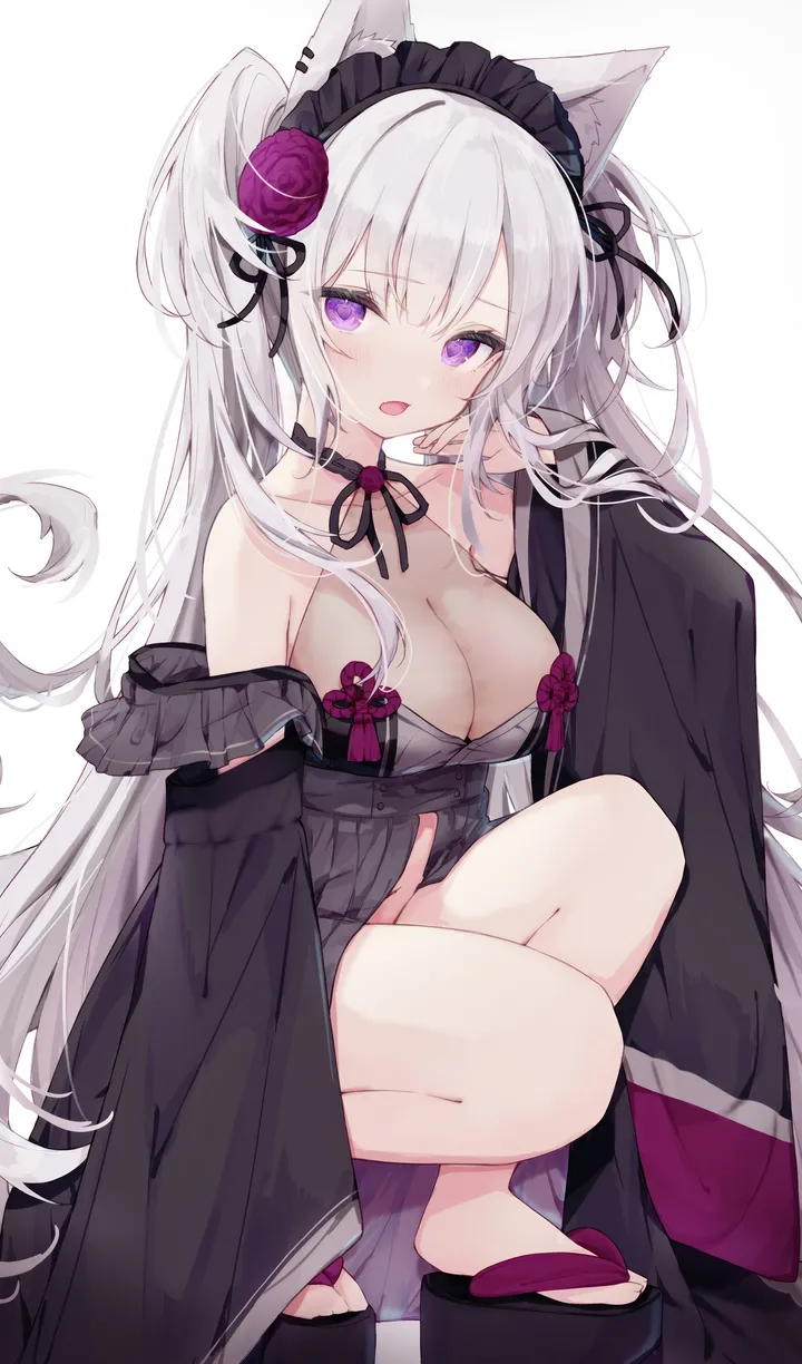 1girl,detached_sleeves,breasts,cleavage,animal_ears,sandals,bangs,see-through,solo,hairband,hair_flower,hair_ornament,wide_sleeves,two_side_up,tail,platform_footwear,open_mouth,very_long_hair,hand_up,simple_background,cat_ears,rose,white_hair,white_background,looking_at_viewer,vertical,purple_eyes,purple_flower,animal_ear_fluff,blush,fang,skin_fang,sleeves_past_wrists,squatting,large_breasts,dress,long_hair,long_sleeves,bare_shoulders,choker,flower,black_choker