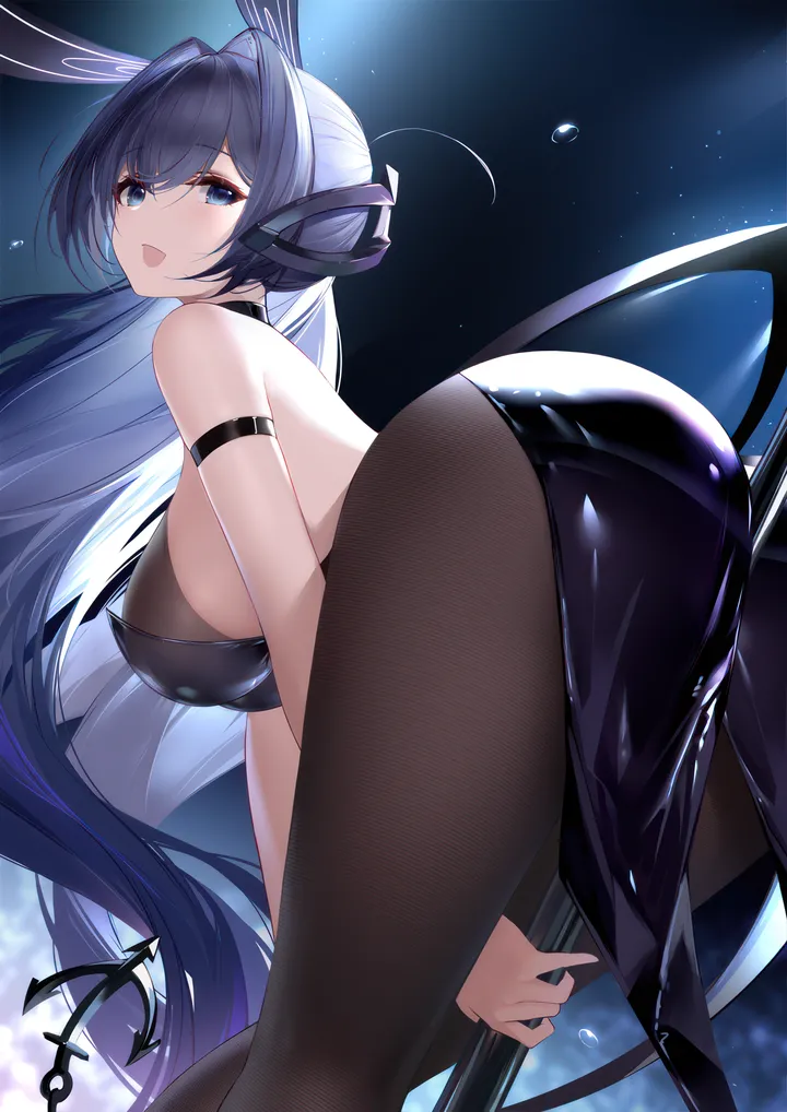 1girl,breasts,playboy_bunny,rabbit_ears,animal_ears,bangs,fake_animal_ears,solo,thighs,official_alternate_costume,ass,open_mouth,bent_over,very_long_hair,arm_strap,fishnets,looking_at_viewer,vertical,smile,leotard,blue_hair,blue_eyes,large_breasts,hair_intakes,pantyhose,pole,pole_dancing,stripper_pole,long_hair,bare_shoulders,black_pantyhose,black_leotard