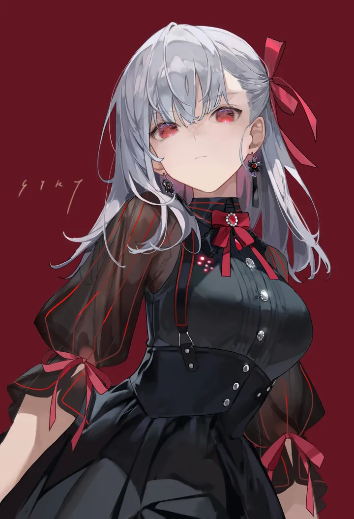 1girl,ribbon,breasts,bangs,see-through,solo,closed_mouth,hair_ribbon,simple_background,striped,grey_hair,jewelry,white_hair,looking_at_viewer,short_sleeves,vertical,red_ribbon,red_eyes,red_background,red_bow,buttons,earrings,puffy_short_sleeves,puffy_sleeves,bow,shirt,large_breasts,dress,long_hair,black_dress