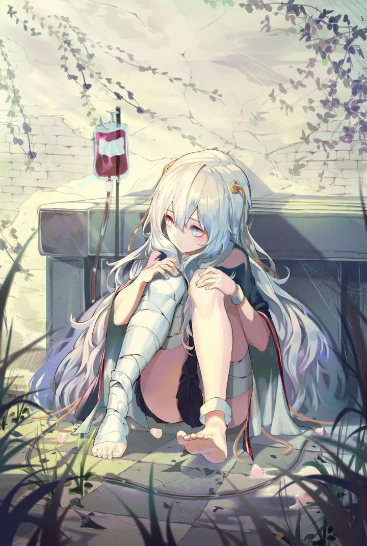 1girl,full_body,bangs,solo,hands_on_own_knees,intravenous_drip,closed_mouth,sitting,wide_sleeves,hair_between_eyes,very_long_hair,knees_up,overgrown,plant,wavy_hair,white_hair,vertical,bandaged_leg,bandages,feet,soles,toes,blush,grass,blue_eyes,blood,blood_bag,barefoot,dress,long_hair