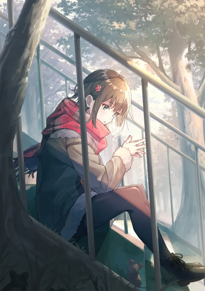 1girl,from_side,bangs,animal,solo,own_hands_together,stairs,breath,scarf,sitting,coat,hair_flower,hair_ornament,jacket,open_mouth,outdoors,railing,tree,plaid,plaid_scarf,brown_hair,brown_eyes,fur_trim,fur-trimmed_sleeves,day,short_hair,ankle_boots,looking_away,vertical,red_scarf,mouse,blush,pantyhose,long_sleeves,boots,cross-laced_footwear,flower,black_pantyhose,black_footwear