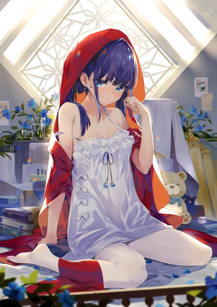 1girl,book,breasts,cleavage,hood,bangs,solo,closed_mouth,sitting,indoors,hood_up,hand_up,sleeveless,sleeveless_dress,stuffed_animal,stuffed_toy,no_shoes,teddy_bear,jewelry,white_dress,white_pantyhose,looking_at_viewer,vertical,smile,earrings,spaghetti_strap,blush,petals,blue_hair,blue_eyes,blue_flower,strap_slip,small_breasts,dress,pantyhose,collarbone,long_hair,sunlight,bare_shoulders,off_shoulder,flower,wariza
