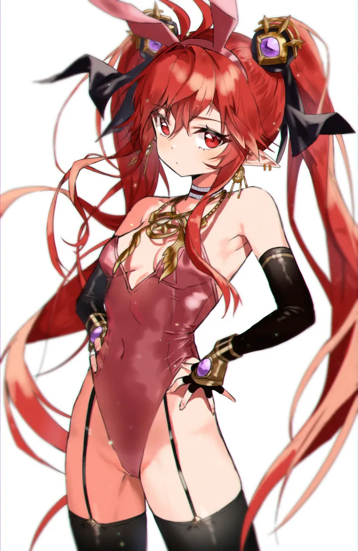 1girl,cowboy_shot,breasts,playboy_bunny,rabbit_ears,animal_ears,bangs,fake_animal_ears,solo,hands_on_hips,twintails,hairband,garter_straps,closed_mouth,pointy_ears,bridal_gauntlets,hair_between_eyes,very_long_hair,gloves,fingerless_gloves,simple_background,jewelry,white_background,looking_at_viewer,vertical,standing,leotard,red_hair,red_eyes,red_leotard,earrings,small_breasts,thighhighs,long_hair,elbow_gloves,covered_navel,bare_shoulders,choker,highleg,black_gloves,black_thighhighs