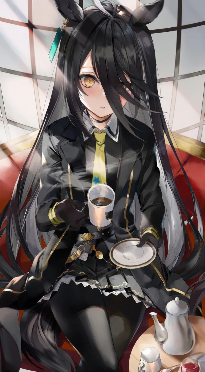 1girl,animal_ears,bangs,solo,ahoge,coffee,coffee_mug,sitting,hair_over_one_eye,jacket,tail,hair_between_eyes,parted_lips,gloves,holding_cup,holding,cup,jewelry,plate,looking_at_viewer,skirt,window,vertical,earrings,blush,teacup,saucer,steam,shirt,pantyhose,eyes_visible_through_hair,long_hair,long_sleeves,necktie,mug,horse_girl,horse_tail,horse_ears,yellow_eyes,yellow_necktie,black_hair,black_jacket,black_gloves,black_skirt,black_shirt,black_pantyhose