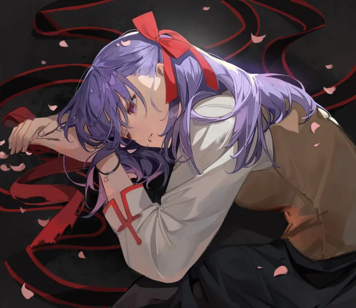 1girl,ribbon,on_side,bangs,solo,hair_ribbon,parted_lips,school_uniform,brown_vest,white_shirt,skirt,vertical,purple_hair,purple_eyes,red_ribbon,red_eyes,vest,petals,shirt,lying,long_hair,long_sleeves,black_skirt