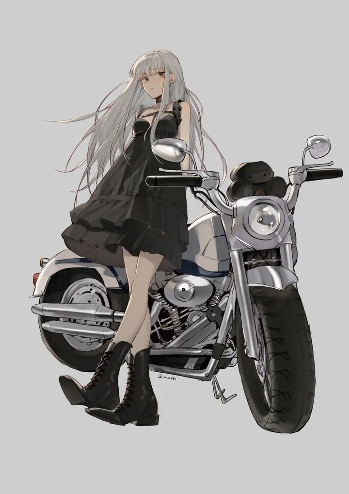 1girl,breasts,full_body,bangs,solo,arms_behind_back,closed_mouth,ground_vehicle,headwear_removed,motorcycle,sleeveless,sleeveless_dress,simple_background,motor_vehicle,brown_eyes,grey_hair,grey_eyes,white_background,looking_at_viewer,vertical,standing,lace-up_boots,dress,long_hair,boots,cross-laced_footwear,choker,black_dress,black_footwear