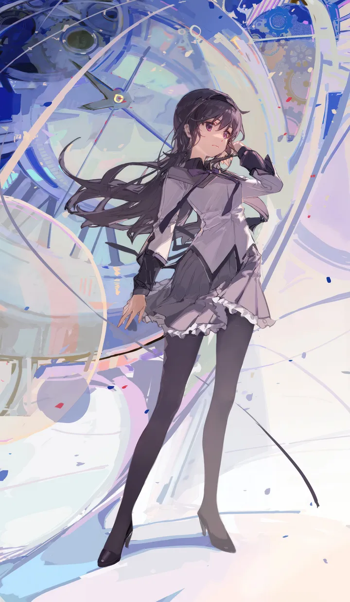 1girl,ribbon,full_body,bangs,solo,hairband,closed_mouth,capelet,grey_skirt,pleated_skirt,skirt,vertical,standing,purple_eyes,frills,frilled_skirt,shirt,pantyhose,long_hair,long_sleeves,neck_ribbon,high_heels,magical_girl,black_hairband,black_hair,black_pantyhose,black_footwear