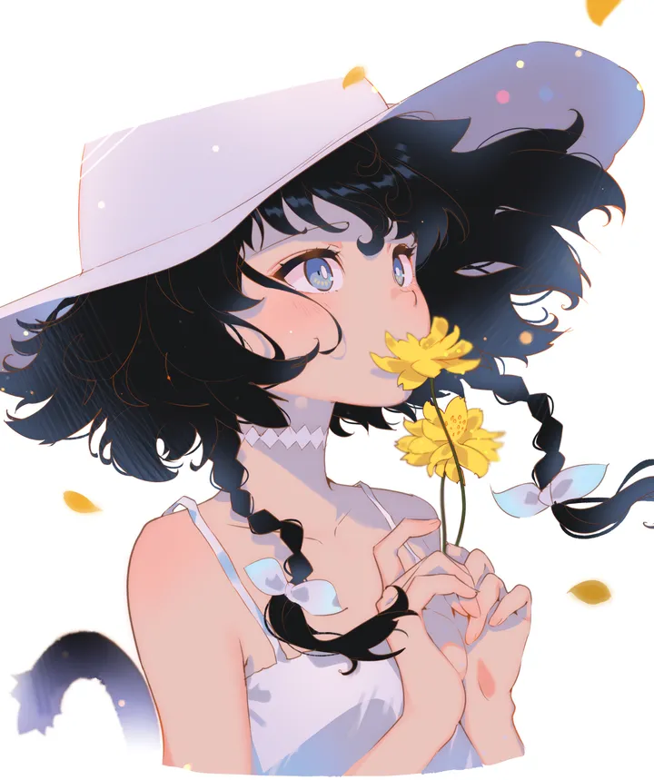 1girl,braid,ribbon,twin_braids,upper_body,animal_ears,bangs,solo,sun_hat,sundress,tail,hat,holding,holding_flower,sleeveless,sleeveless_dress,simple_background,cat_girl,cat_tail,cat_ears,white_headwear,white_background,white_bow,white_dress,white_choker,vertical,blush,petals,blue_eyes,bow,hair_bow,dress,collarbone,bare_shoulders,choker,flower,yellow_flower,black_hair