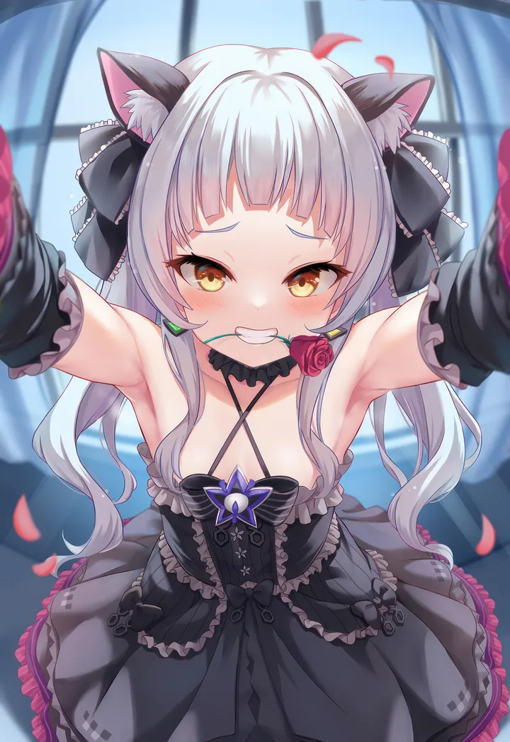 1girl,virtual_youtuber,detached_sleeves,ribbon,arms_up,breasts,criss-cross_halter,outstretched_arms,animal_ears,bangs,solo,twintails,hair_ribbon,sidelocks,indoors,star_brooch,grey_hair,teeth,cat_ears,rose,jewelry,mouth_hold,blunt_bangs,looking_at_viewer,window,vertical,smile,red_rose,red_flower,halterneck,animal_ear_fluff,brooch,blush,armpits,petals,frills,frilled_dress,bow,small_breasts,dress,collarbone,long_hair,bare_shoulders,halter_dress,grin,choker,flower,yellow_eyes,black_dress