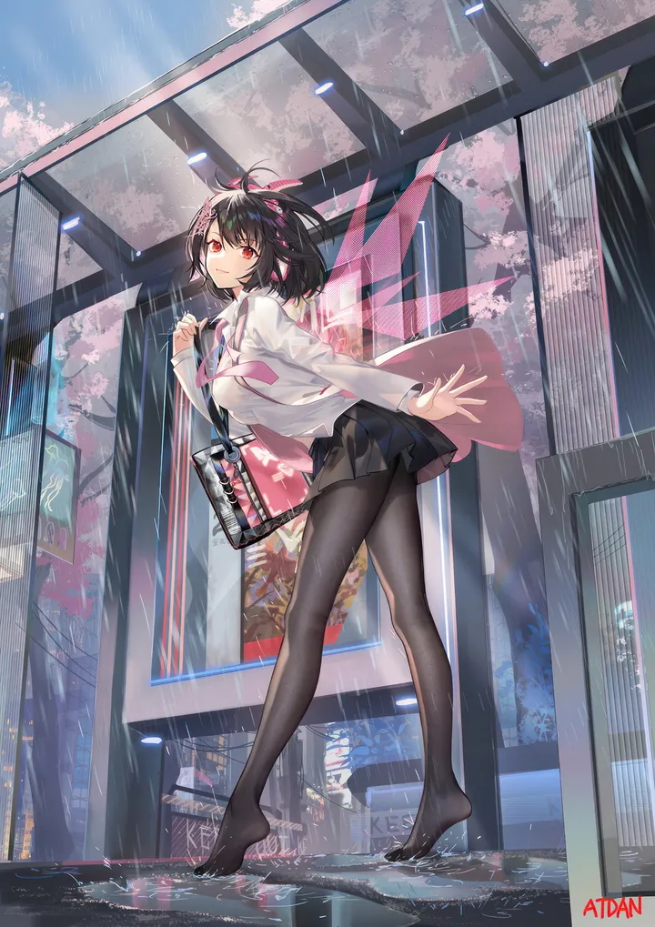 1girl,neckerchief,breasts,full_body,bangs,bag,solo,hair_ornament,outdoors,school_uniform,cherry_blossoms,serafuku,no_shoes,white_shirt,pleated_skirt,looking_at_viewer,short_hair,skirt,vertical,standing,smile,red_eyes,shirt,wet,leaning_forward,pantyhose,miniskirt,long_sleeves,rain,black_hair,black_skirt,black_pantyhose