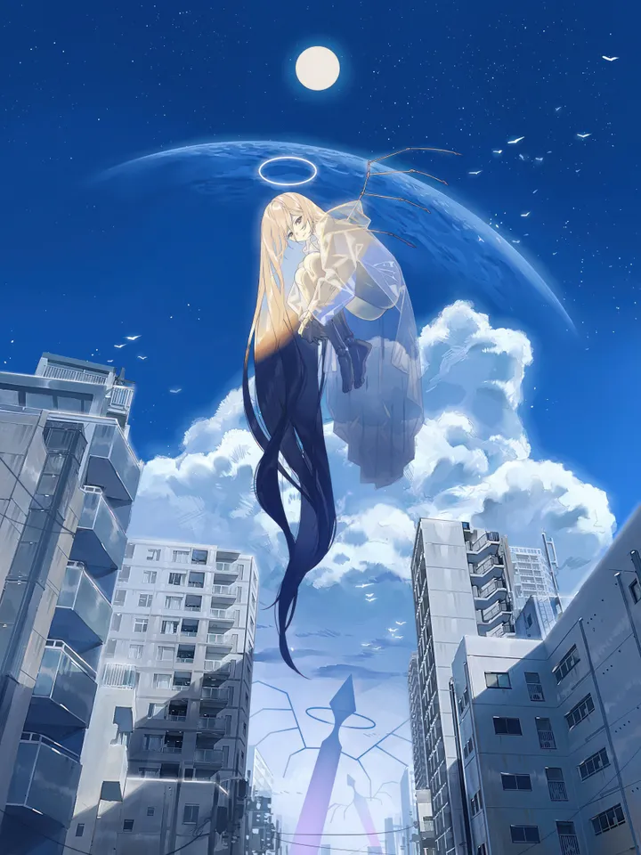 1girl,cloud,see-through,solo,earth_planet,city,multicolored_hair,night,halo,sky,building,very_long_hair,outdoors,star_sky,starry_sky,moon,full_moon,vertical,wings,blue_sky,planet,absurdly_long_hair,dress,blonde_hair,long_hair,scenery,bird