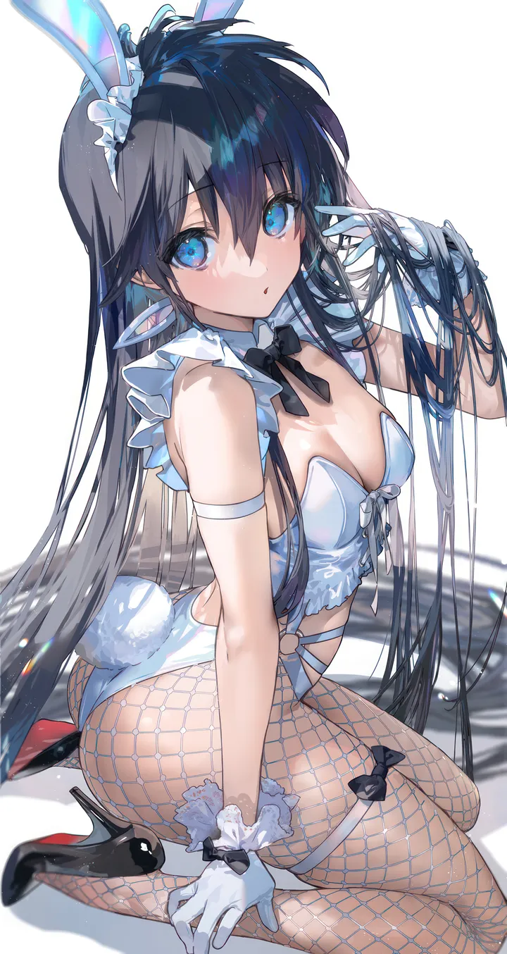 1girl,breasts,cleavage,fake_tail,playboy_bunny,rabbit_tail,rabbit_ears,animal_ears,bangs,fake_animal_ears,solo,sitting,thigh_strap,tail,ass,hair_between_eyes,very_long_hair,parted_lips,gloves,simple_background,fishnets,white_gloves,white_background,white_leotard,looking_at_viewer,vertical,leotard,frills,blue_eyes,bow,small_breasts,pantyhose,long_hair,bowtie,detached_collar,high_heels,fishnet_pantyhose,wariza,black_hair,black_bow,black_footwear,black_bowtie