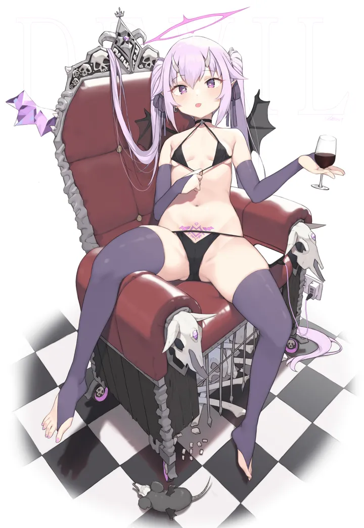 1girl,ribbon,breasts,full_body,spread_legs,bangs,solo,twintails,sitting,halo,hair_ribbon,pointy_ears,bridal_gauntlets,open_mouth,very_long_hair,demon_girl,demon_tail,demon_wings,gloves,holding_cup,armchair,holding,nail_polish,toeless_legwear,simple_background,cup,checkered_floor,chair,bikini,no_shoes,swimsuit,toenail_polish,pubic_tattoo,white_background,looking_at_viewer,vertical,purple_hair,purple_nails,purple_eyes,purple_thighhighs,wine_glass,tattoo,wings,navel,toes,toenails,blush,wine,horns,small_breasts,thighhighs,alcohol,drinking_glass,collarbone,long_hair,bare_shoulders,black_bikini