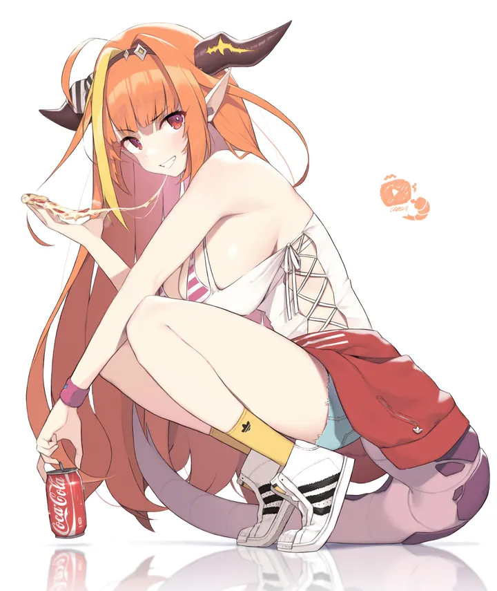 1girl,virtual_youtuber,pizza_slice,breasts,cleavage,sideboob,from_side,full_body,bangs,solo,hairband,coca-cola,ahoge,multicolored_hair,jacket,pointy_ears,tail,product_placement,very_long_hair,pizza,holding_pizza,holding,holding_food,streaked_hair,diagonal-striped_bow,can,simple_background,striped,orange_hair,soda_can,denim,denim_shorts,white_background,blunt_bangs,looking_at_viewer,shorts,alternate_costume,vertical,smile,short_shorts,red_eyes,bow,clothes_around_waist,socks,horns,horn_ornament,horn_bow,squatting,large_breasts,sneakers,blonde_hair,long_hair,adidas,bare_shoulders,grin,shoes,food,dragon_girl,dragon_tail,dragon_horns