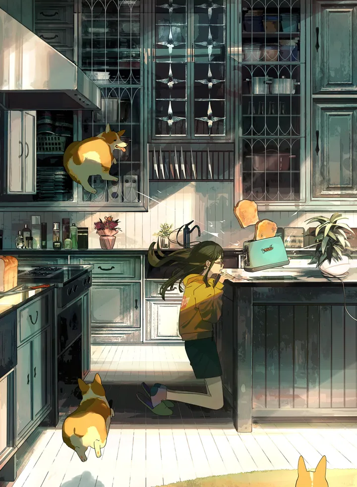 1girl,from_side,cabinet,hood,refrigerator,animal,solo,kitchen,indoors,slippers,wooden_floor,plant,hood_down,dog,cat,potted_plant,shorts,window,vertical,socks,kneeling,hoodie,long_hair,long_sleeves,yellow_hoodie,black_hair,black_shorts