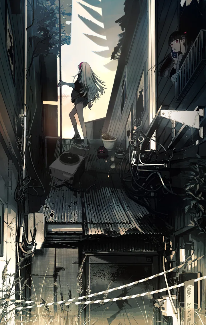 2girls,bangs,multiple_girls,jacket,building,outdoors,holding,plant,white_hair,potted_plant,shorts,vertical,standing,red_eyes,long_hair,shoes,scenery,black_hair,black_jacket,black_footwear