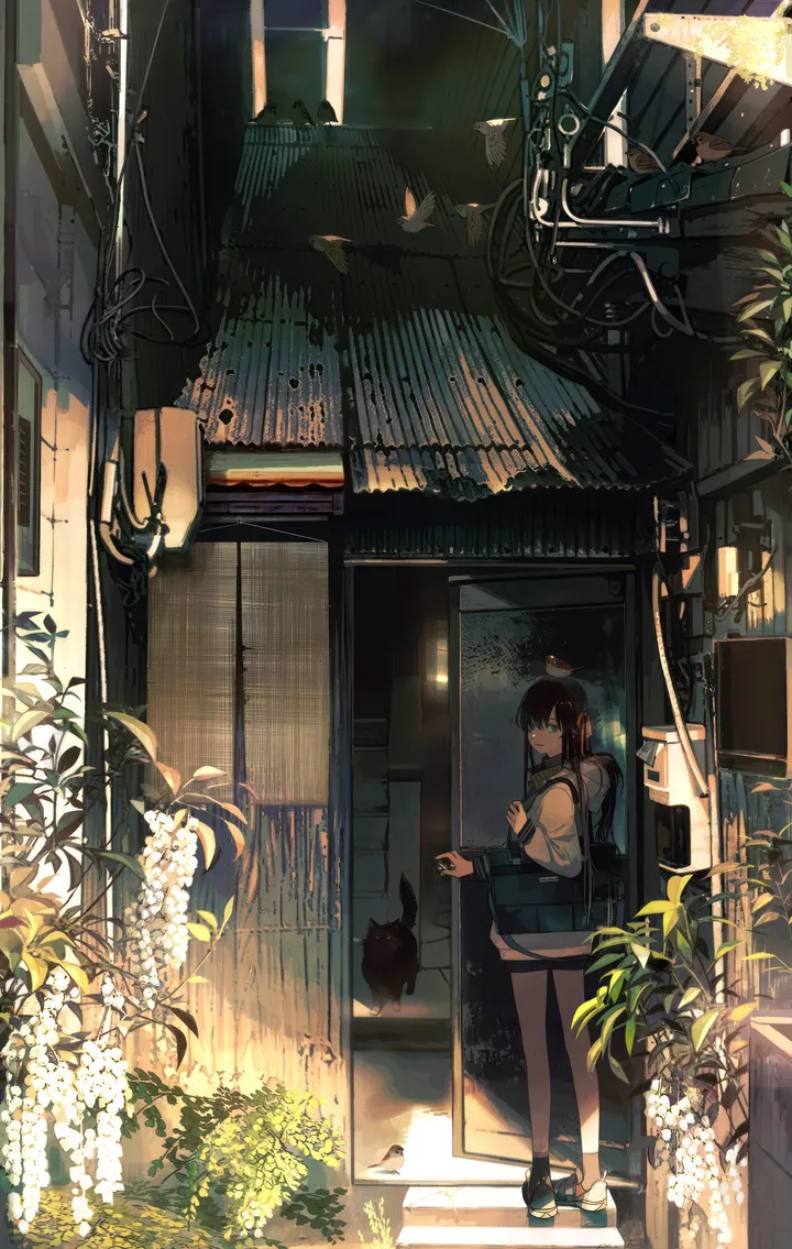 1girl,bangs,animal,bag,solo,backpack,looking_back,on_head,animal_on_head,bird_on_head,jacket,alley,outdoors,plant,cat,potted_plant,looking_at_viewer,shorts,vertical,standing,blue_eyes,long_hair,long_sleeves,door,shoes,scenery,flower,bird,black_hair,black_footwear