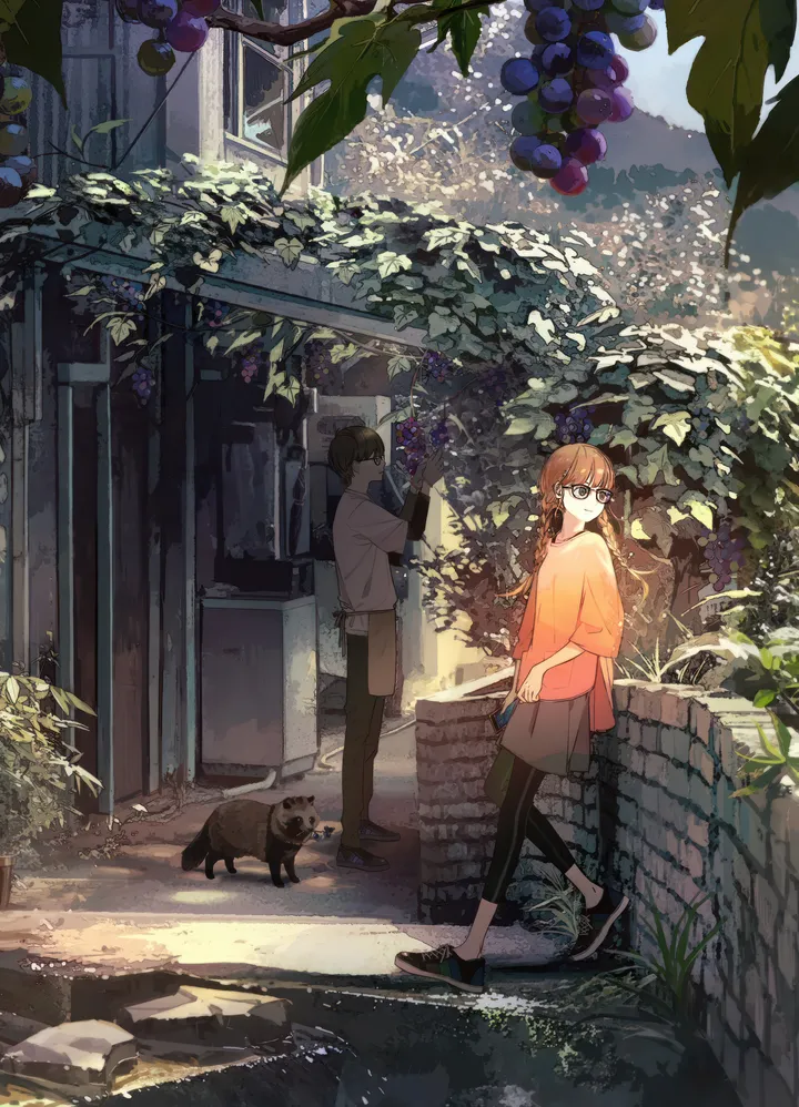 1girl,1boy,capri_pants,braid,leaf,outdoors,holding,brown_hair,plant,fruit,cat,glasses,skirt,vertical,grapes,shirt,pants,walking,long_hair,shoes,scenery,food,black_hair