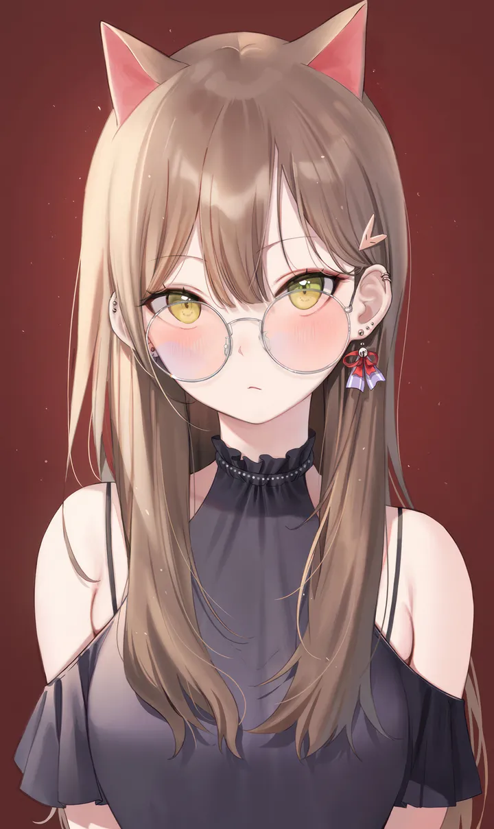 1girl,breasts,upper_body,animal_ears,bangs,solo,hairclip,closed_mouth,round_eyewear,hair_ornament,tinted_eyewear,simple_background,brown_hair,cat_ears,jewelry,looking_at_viewer,glasses,vertical,red_background,earrings,blush,shirt,extra_ears,long_hair,bare_shoulders,yellow_eyes,black_shirt