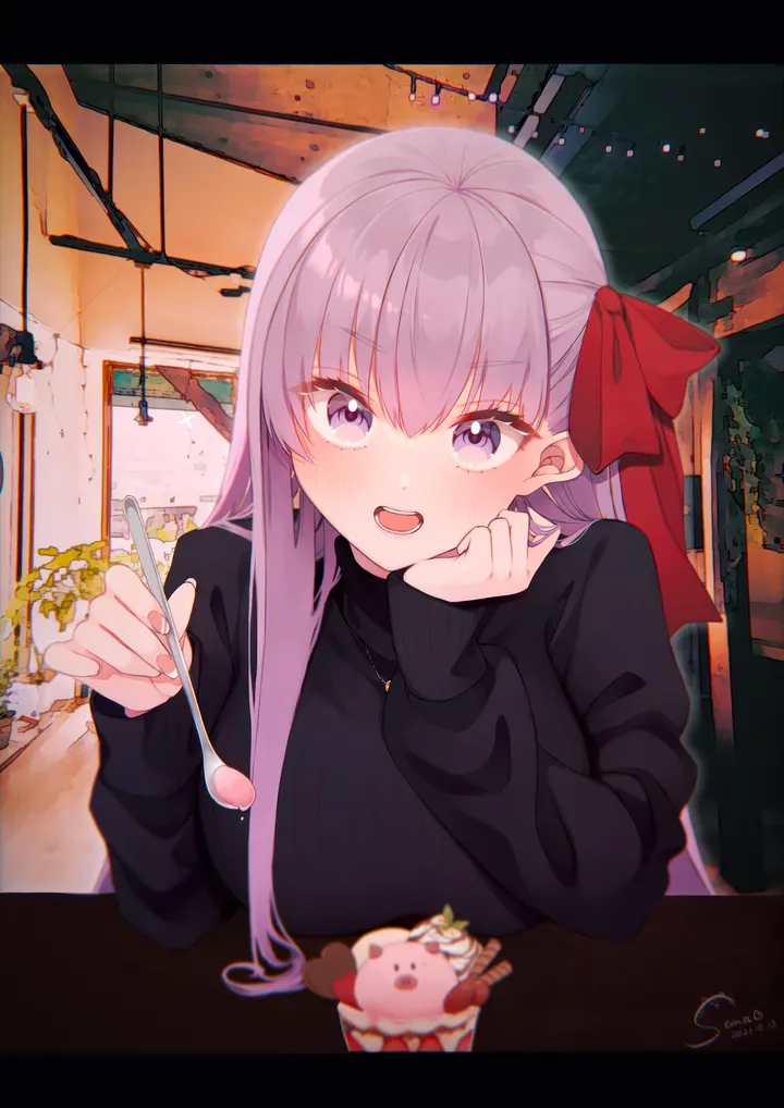 1girl,ribbon,breasts,bangs,solo,hair_ribbon,indoors,open_mouth,very_long_hair,holding,holding_spoon,table,pov_across_table,sweater,spoon,jewelry,looking_at_viewer,vertical,smile,signature,purple_hair,purple_eyes,red_ribbon,parfait,blush,large_breasts,long_hair,long_sleeves,necklace,food,turtleneck,turtleneck_sweater,black_sweater