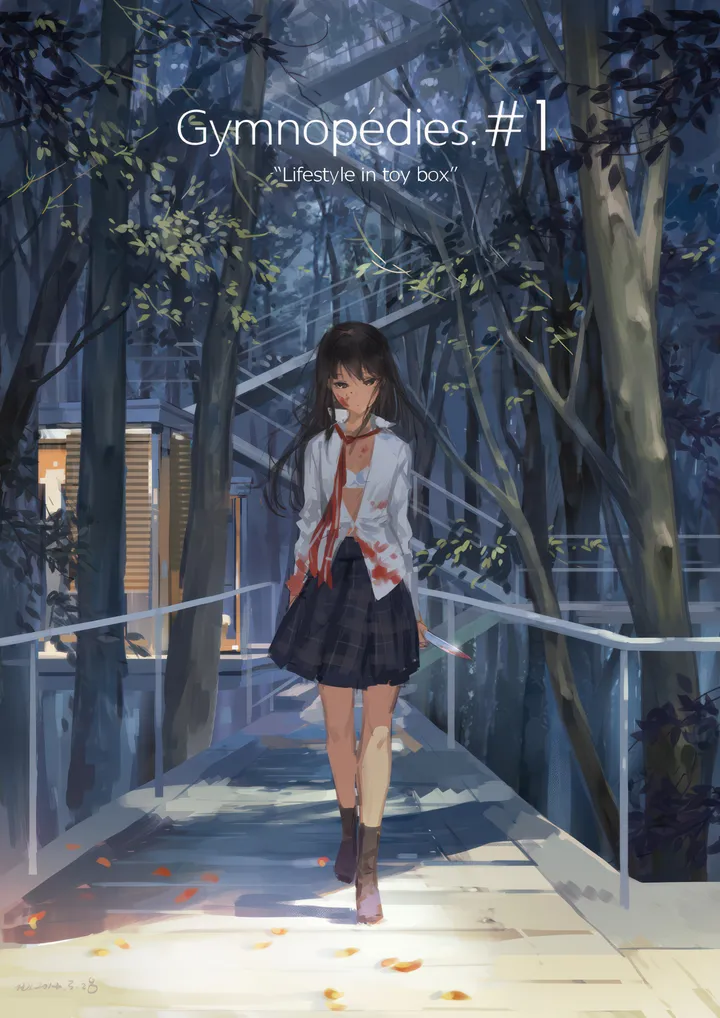 1girl,solo,closed_eyes,leaf,knife,outdoors,holding,railing,tree,school_uniform,plaid,plaid_skirt,weapon,white_shirt,pleated_skirt,skirt,vertical,standing,english_text,blood,blood_on_clothes,shirt,socks,open_clothes,open_shirt,walking,long_hair,shoes,necktie,black_hair,black_socks