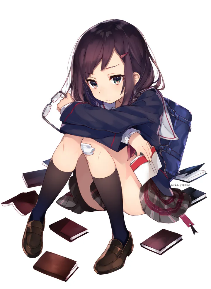 1girl,loafers,book,school_bag,bag,solo,kneehighs,hairclip,sitting,hair_ornament,holding,holding_eyewear,eyewear_removed,simple_background,school_uniform,plaid,plaid_skirt,brown_hair,brown_eyes,serafuku,white_background,looking_at_viewer,glasses,skirt,vertical,bandages,socks,shoes,black_socks