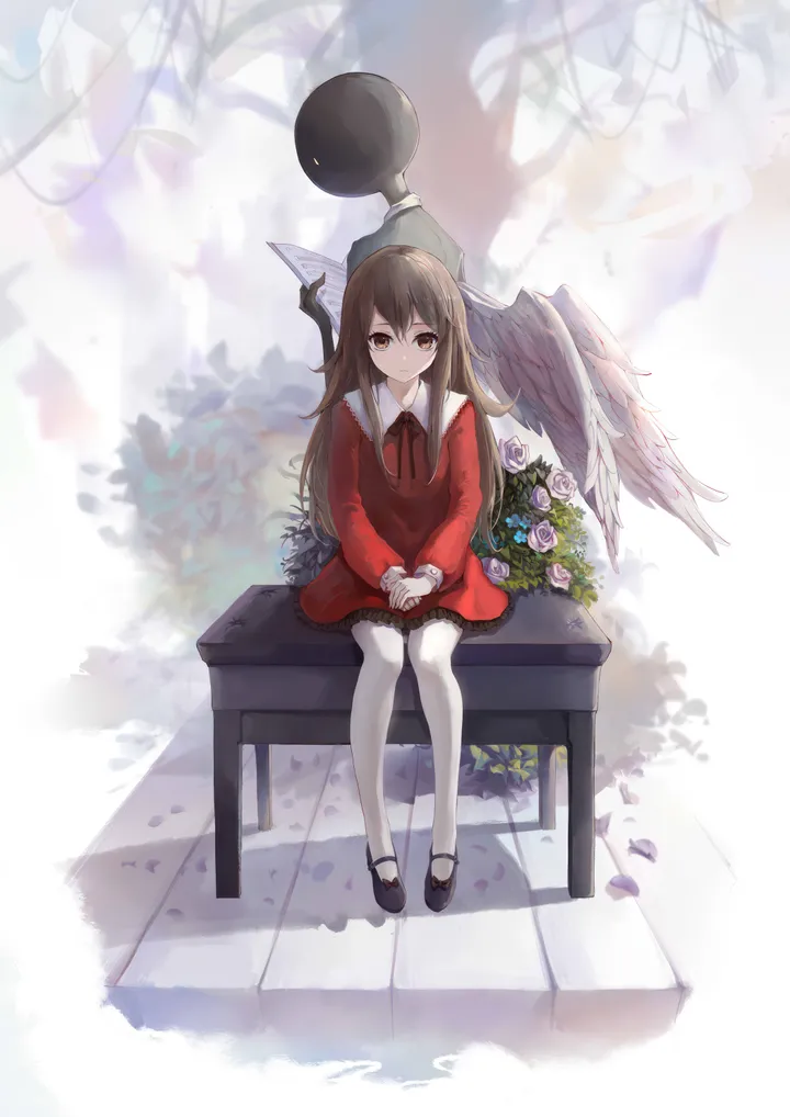 1girl,full_body,bangs,solo,own_hands_together,sitting,angel_wings,brown_hair,brown_eyes,mary_janes,rose,white_wings,white_pantyhose,looking_at_viewer,vertical,purple_flower,red_dress,feathered_wings,wings,petals,dress,pantyhose,long_hair,long_sleeves,shoes,flower,black_footwear