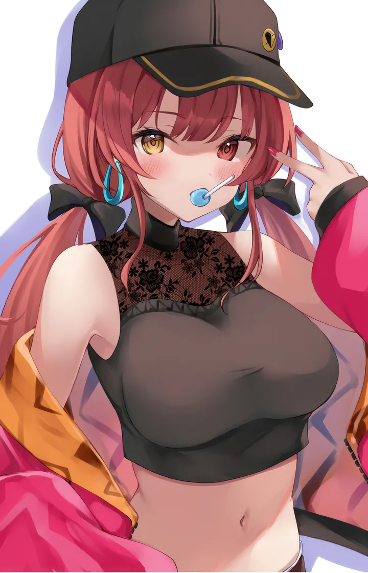 1girl,virtual_youtuber,breasts,upper_body,low_twintails,bangs,solo,twintails,jacket,stomach,hat,heterochromia,nail_polish,sleeveless,sleeveless_shirt,simple_background,lollipop,baseball_cap,v,hoop_earrings,jewelry,mouth_hold,white_background,looking_at_viewer,alternate_costume,vertical,pink_jacket,candy,red_hair,red_jacket,red_nails,red_eyes,earrings,navel,blush,bow,hair_bow,shirt,open_jacket,open_clothes,large_breasts,long_hair,long_sleeves,midriff,bare_shoulders,off_shoulder,crop_top,food,yellow_eyes,black_headwear,black_bow,black_shirt