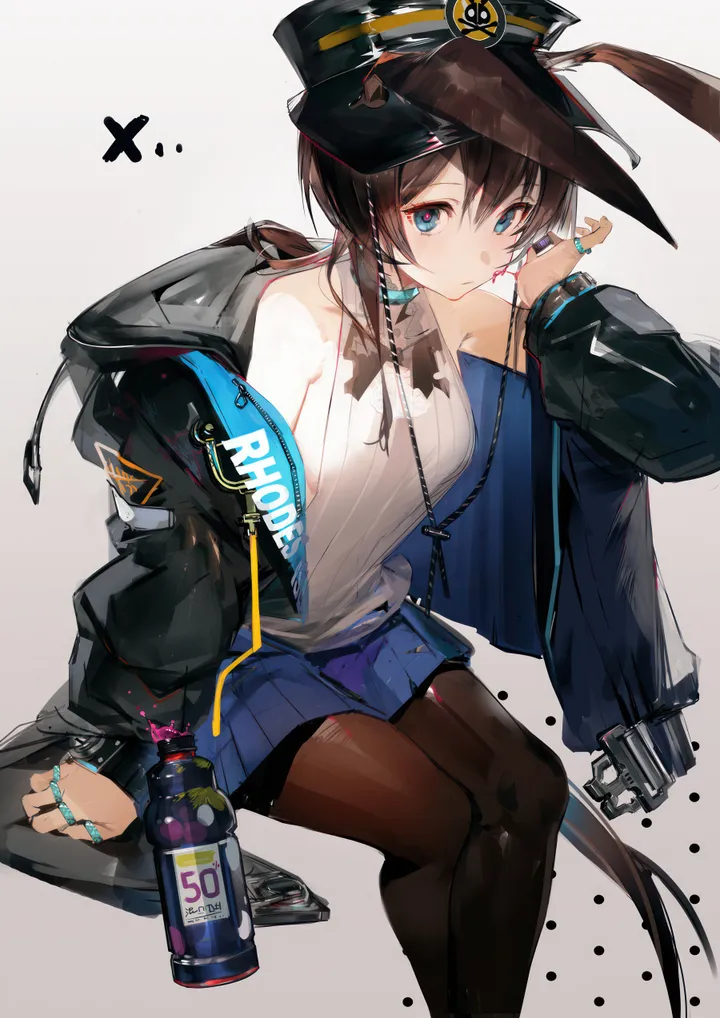 1girl,breasts,sideboob,rabbit_ears,animal_ears,bangs,solo,closed_mouth,sitting,multiple_rings,jacket,hat,hair_between_eyes,ring,hand_up,thumb_ring,ears_through_headwear,sleeveless,sleeveless_shirt,simple_background,brown_hair,brown_pantyhose,jewelry,bottle,white_background,white_shirt,pleated_skirt,looking_at_viewer,skirt,vertical,blue_eyes,blue_skirt,shirt,open_jacket,open_clothes,pantyhose,miniskirt,long_hair,long_sleeves,invisible_chair,bare_shoulders,off_shoulder,ponytail,black_headwear,black_jacket,black_pantyhose