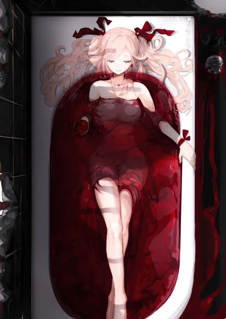 1girl,ribbon,breasts,from_above,bangs,solo,closed_eyes,closed_mouth,hair_ribbon,cup,water,bath,bathtub,vertical,pink_hair,wrist_ribbon,red_ribbon,blood_on_face,blood,nude,barefoot,lying,partially_submerged,collarbone,long_hair