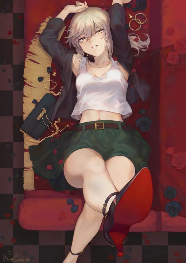 1girl,medium_breasts,arms_up,breasts,crossed_legs,on_back,bangs,bag,solo,thighs,sidelocks,jacket,hair_between_eyes,parted_lips,handbag,tank_top,rose,rose_petals,jewelry,belt,looking_at_viewer,skirt,vertical,smile,green_skirt,navel,petals,shirt,open_jacket,open_clothes,lying,collarbone,long_hair,midriff,high_heels,flower,yellow_eyes,black_jacket,black_flower,black_footwear