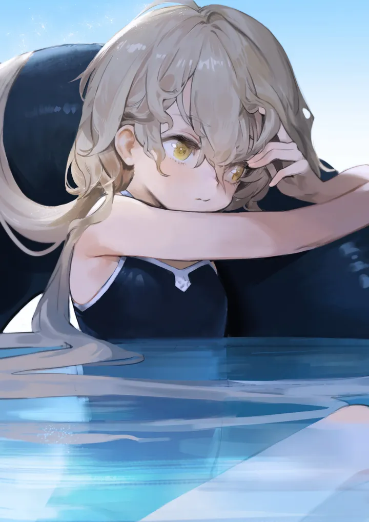 1girl,one-piece_swimsuit,bangs,solo,closed_mouth,hair_between_eyes,very_long_hair,school_swimsuit,water,innertube,swimsuit,vertical,blue_one-piece_swimsuit,bare_arms,partially_submerged,blonde_hair,long_hair,yellow_eyes,black_one-piece_swimsuit