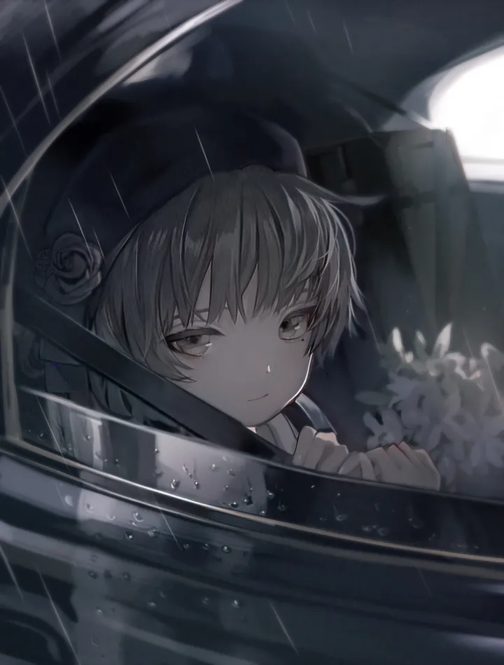 1girl,virtual_youtuber,bangs,solo,closed_mouth,ground_vehicle,hat,motor_vehicle,brown_hair,brown_eyes,car,car_interior,mole_under_eye,rose,mole,white_rose,white_flower,white_shirt,looking_at_viewer,short_hair,vertical,shirt,beret,rain,flower,black_headwear