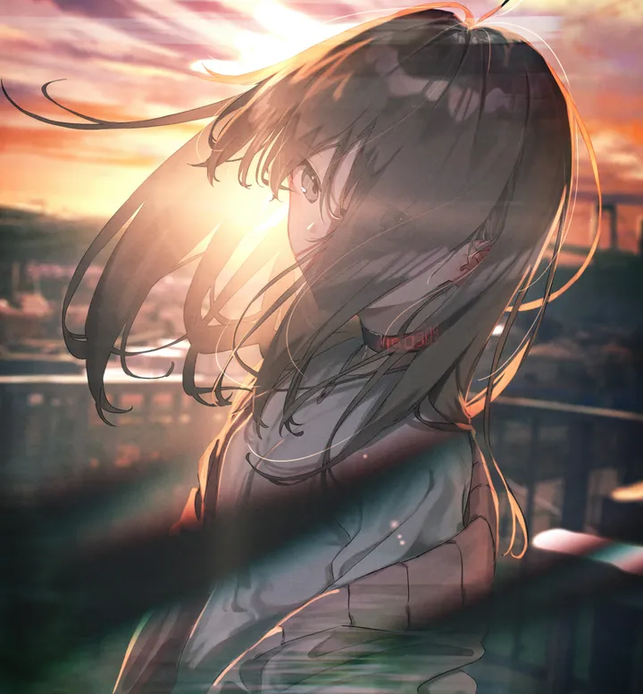 1girl,cloud,upper_body,bangs,blurry_foreground,solo,ahoge,city,cityscape,sky,hair_over_one_eye,jacket,building,outdoors,sunset,depth_of_field,railing,brown_hair,brown_eyes,blurry,blurry_background,white_shirt,looking_at_viewer,vertical,shirt,open_clothes,long_hair,off_shoulder,choker,wind