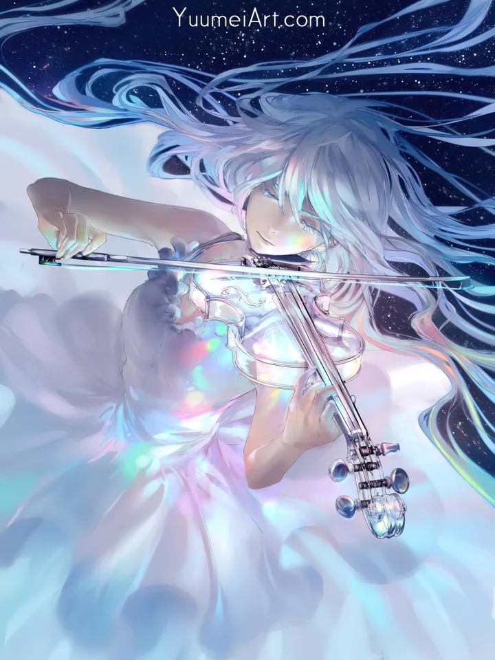 1girl,instrument,solo,closed_eyes,violin,star_sky,starry_sky,playing_instrument,bow_music,white_hair,white_dress,vertical,dress,long_hair,music,floating_hair