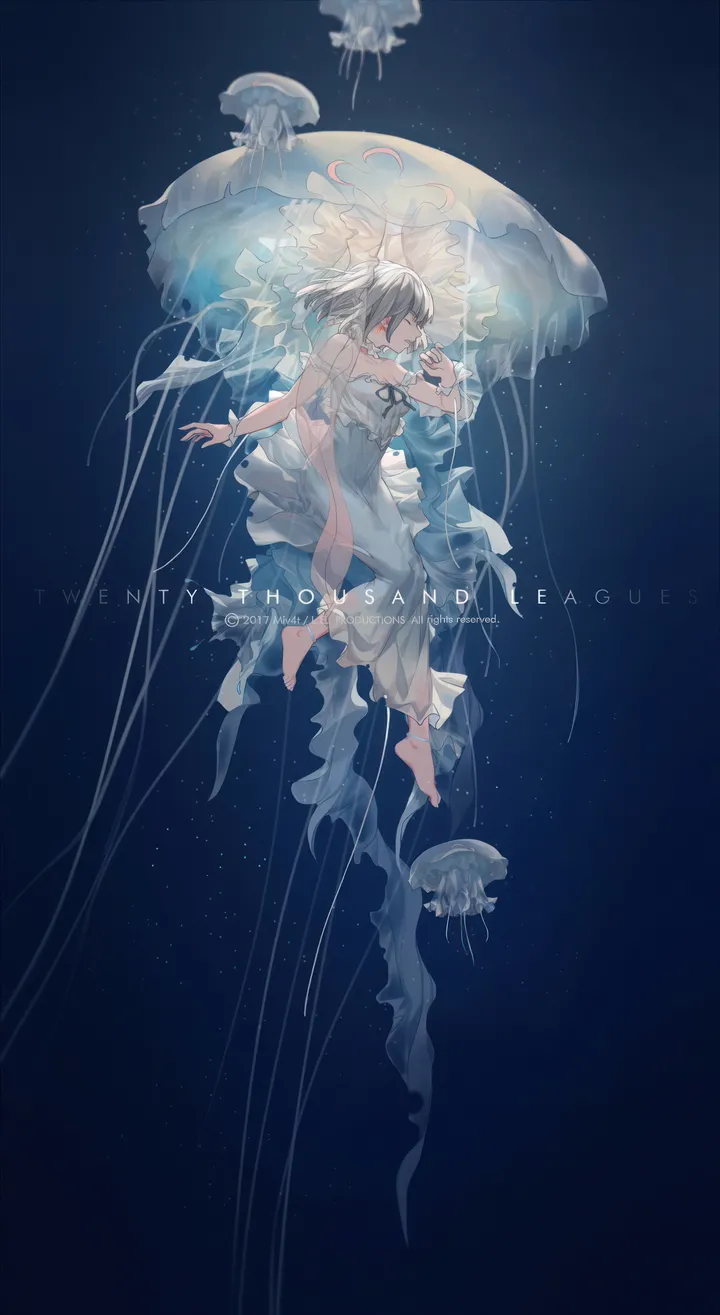 1girl,full_body,see-through,solo,closed_eyes,underwater,jellyfish,floating,jewelry,white_dress,vertical,english_text,barefoot,dress,long_hair,bare_shoulders