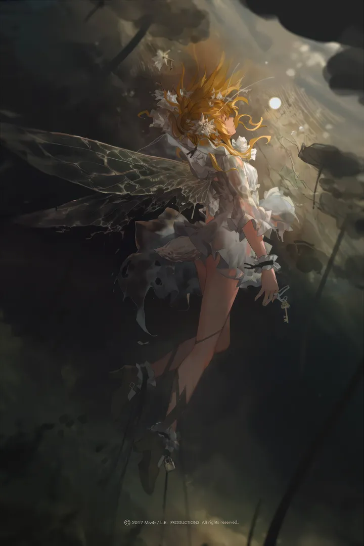 1girl,cloud,artist_name,full_body,see-through,solo,sky,fairy_wings,moon,white_dress,vertical,wrist_cuffs,wings,dress,blonde_hair,long_hair,flying,high_heels,flower