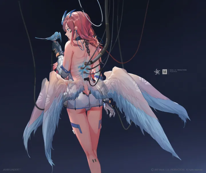 1girl,android,artist_name,animal,solo,back,looking_back,multiple_wings,angel,halo,ass,gloves,barcode_tattoo,wire,white_wings,white_dress,vertical,standing,red_hair,cable,feathered_wings,wings,from_behind,blue_eyes,dress,long_hair,elbow_gloves,mechanical_parts,bare_shoulders,bird