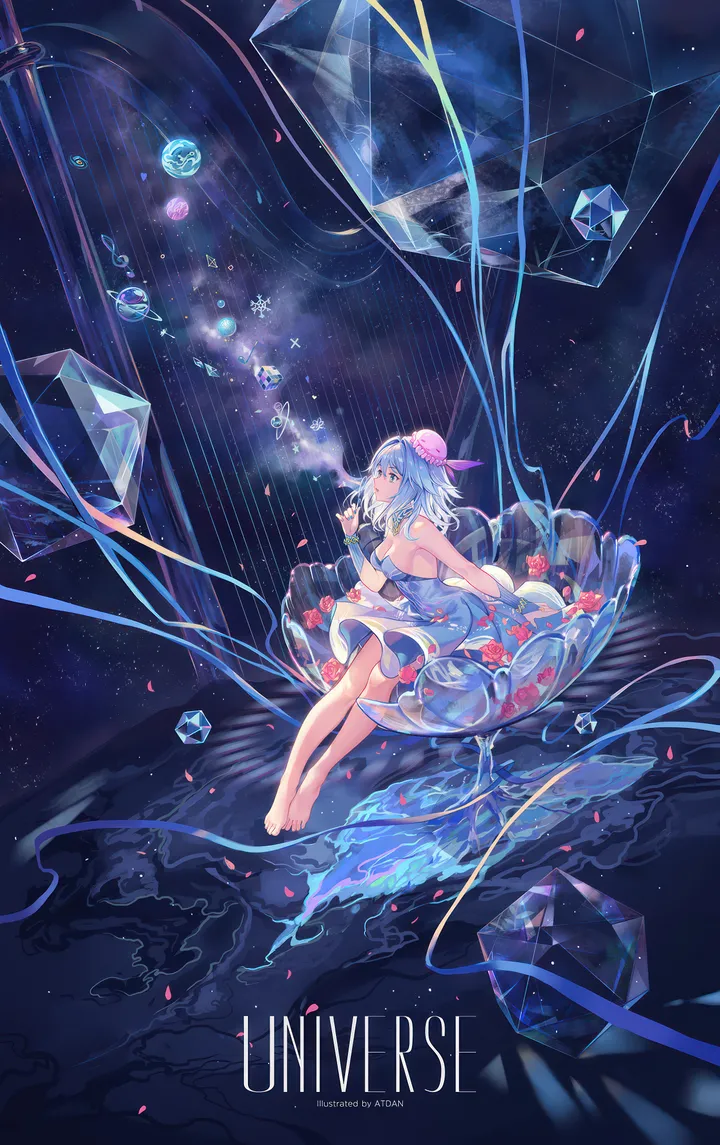 1girl,ribbon,medium_hair,breasts,from_side,solo,sitting,sky,hair_flower,hair_ornament,strapless,strapless_dress,star_sky,water,vertical,petals,blue_hair,blue_eyes,blue_dress,bare_legs,barefoot,dress,long_hair,bare_shoulders,flower